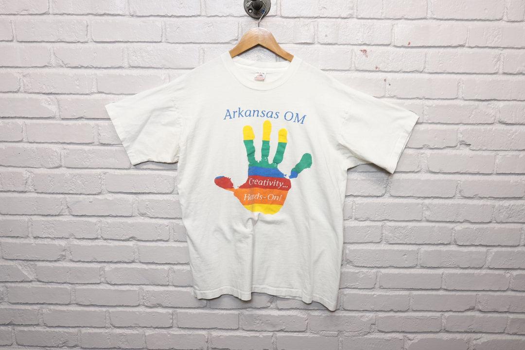 90s arkansas odyssey of the mind rainbow hand tee size xl