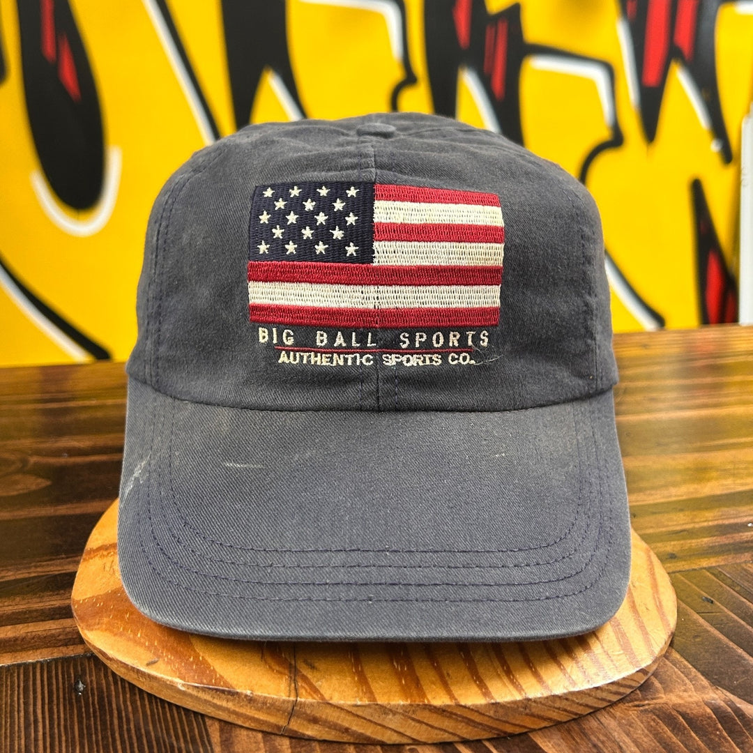 Vintage Big Ball Sports USA Flag Stitched Hat Navy Blue Leather Strapback Cap