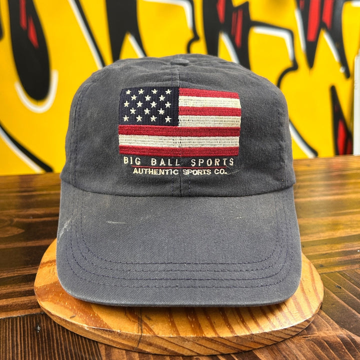 Vintage Big Ball Sports USA Flag Stitched Hat Navy Blue Leather Strapback Cap