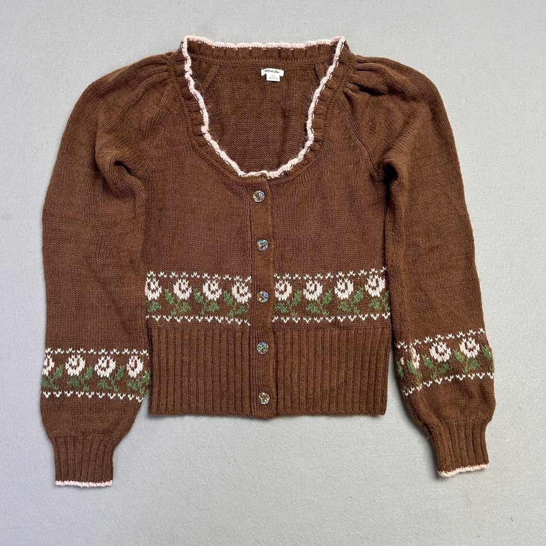 Kimchi Blue UO Alice Femme Fair Isle Brown Cropped Cardigan Sweater Flowers M
