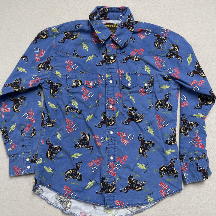Vintage Rustler Blue Pearl Snap Youth Western Print Shirt Large
