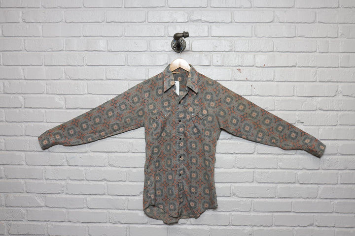 60s dee cee southwestern print pearl snap shirt size small