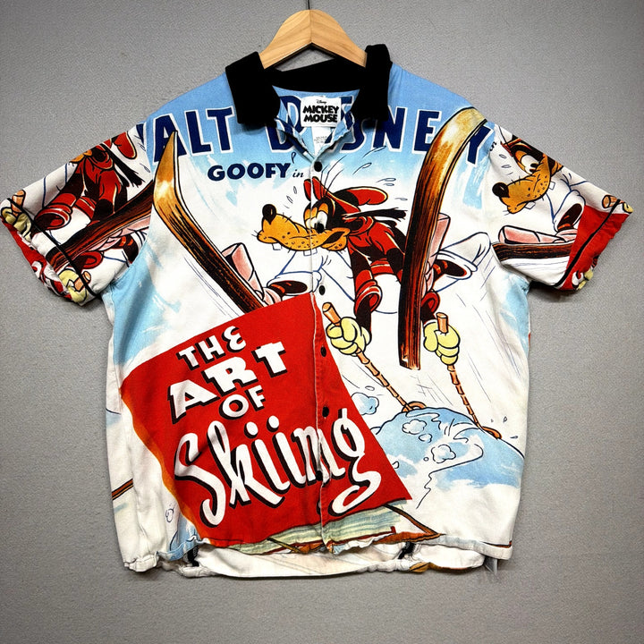 Disney Goofy and the Art of Skiing Retro Viscose Button Down Shirt Size Large