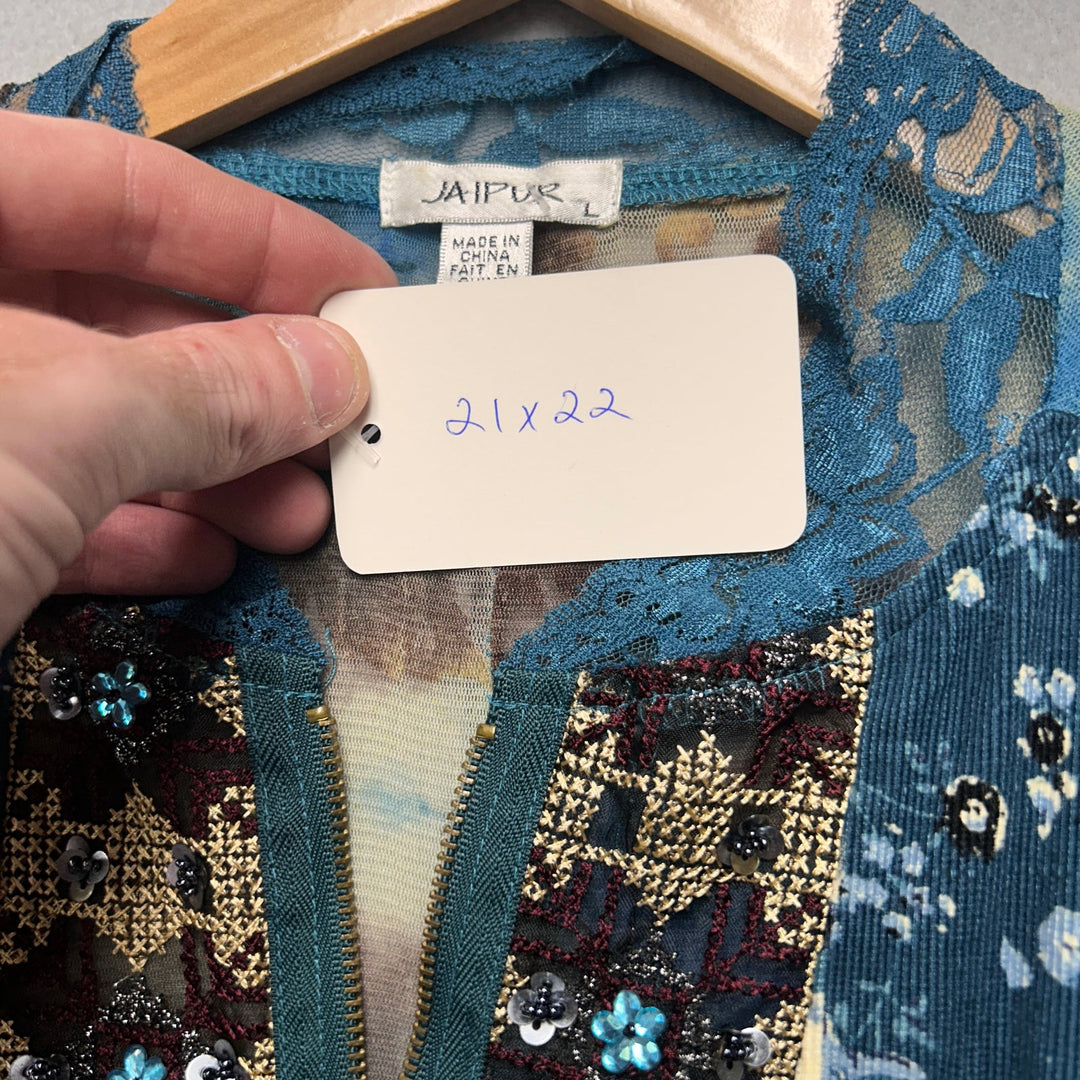 Y2K Women's Jaipur Full Zip Lace Floral Blouse Top Large