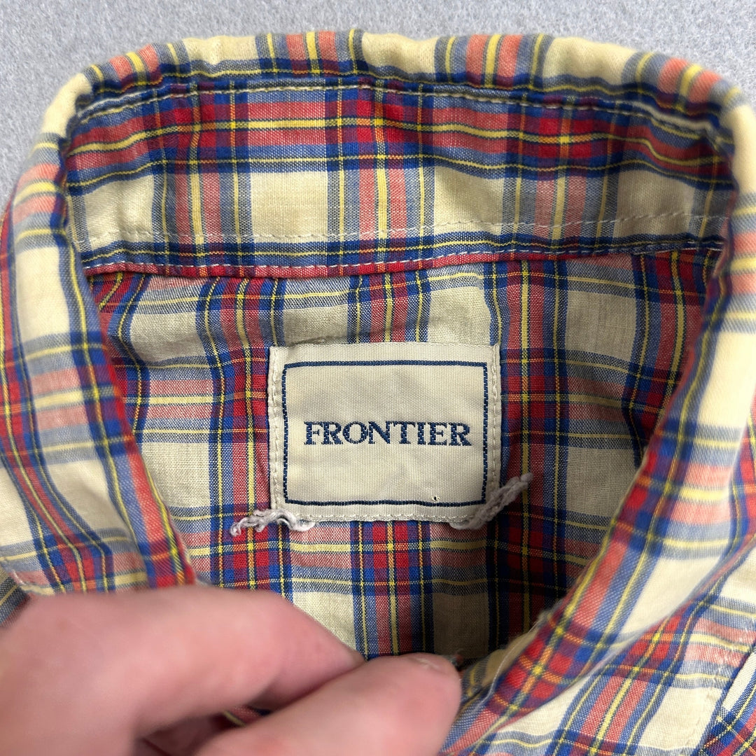 Vintage 90's Frontier Blue Red Plaid Pearl Snap Western Shirt Large