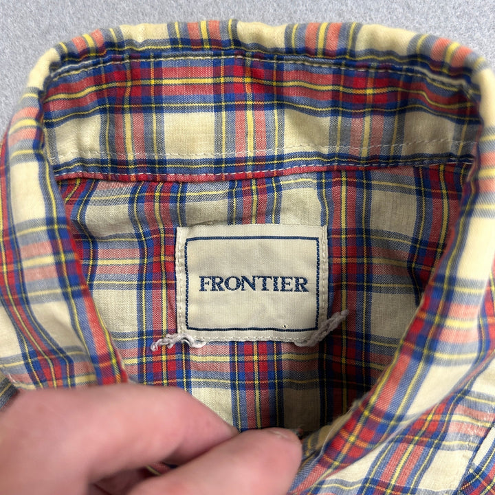 Vintage 90's Frontier Blue Red Plaid Pearl Snap Western Shirt Large