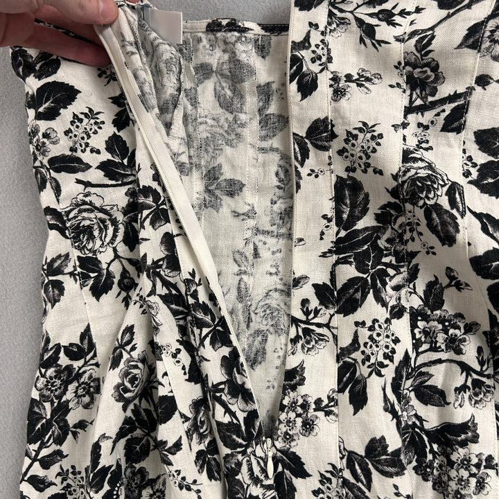 London Times Women's White/Black Floral A-Line Knee Length Linen Dress Size 8