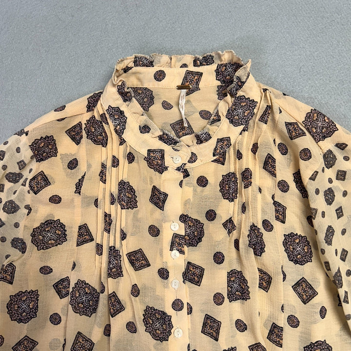 Free People Turn Turn Balloon Sleeve Mini Printed Swing Dress Tea Beige Size S