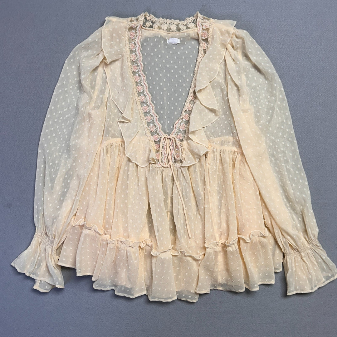 Kimchi Blue UO Womens Mona Sheer Clip Dot Ruffle Babydoll Tunic Blouse Size M