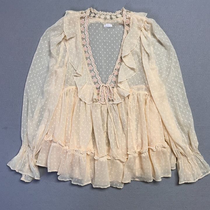 Kimchi Blue UO Womens Mona Sheer Clip Dot Ruffle Babydoll Tunic Blouse Size M