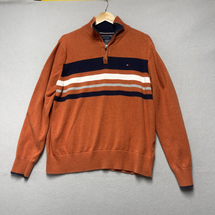 Men's Tommy Hilfiger Orange Striped 1/4 Zip Sweater Size Large