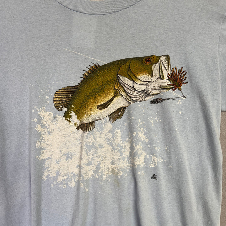 1985 LSJ Sportswear Bass Fish Light Blue Shirt Size Large
