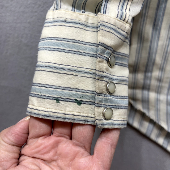 Vintage Men's Blue Stripe Western Pearl Snap Button Up Shirt Distressed Medium