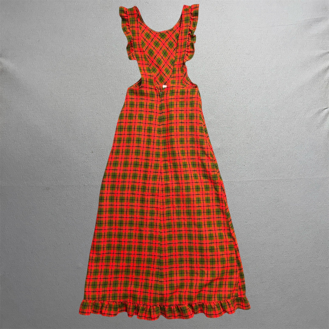 Vintage 70's Women's Orange Plaid Kitchen Dress W/ Pockets