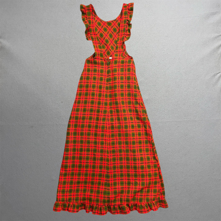 Vintage 70's Women's Orange Plaid Kitchen Dress W/ Pockets