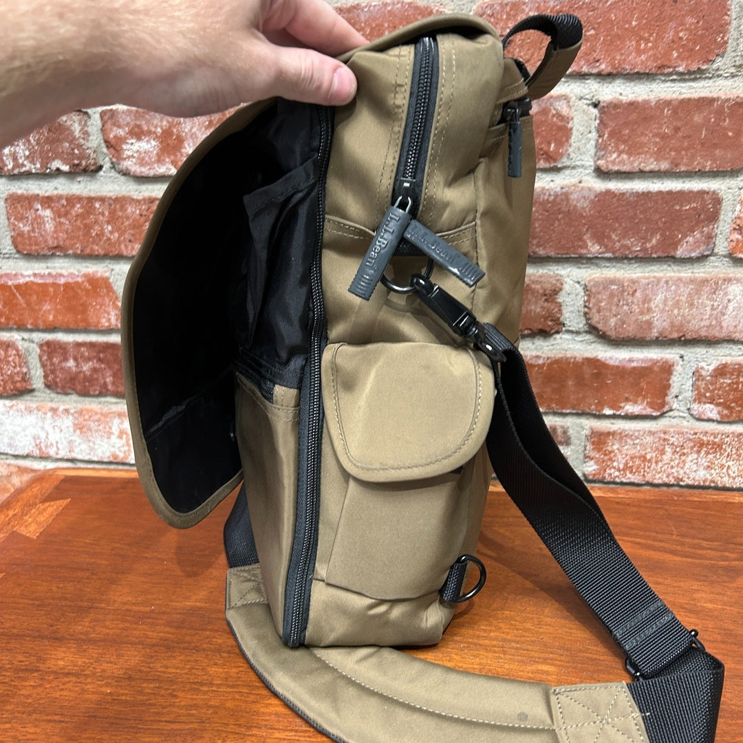 LL Bean Nylon Tan Travel Messenger Bag Locking Front Flap