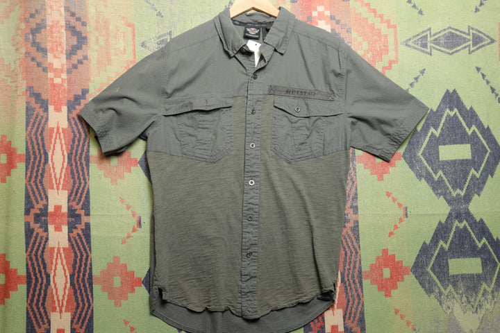 Harley Davidson Vintage Gray Knit Panel Shirt Medium 2000s Biker Skull Y2K