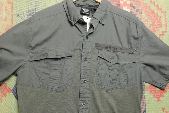Harley Davidson Vintage Gray Knit Panel Shirt Medium 2000s Biker Skull Y2K