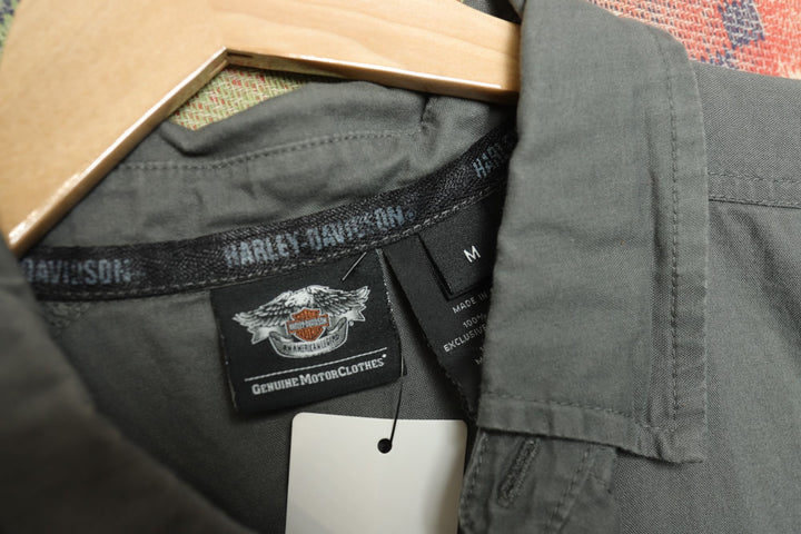Harley Davidson Vintage Gray Knit Panel Shirt Medium 2000s Biker Skull Y2K