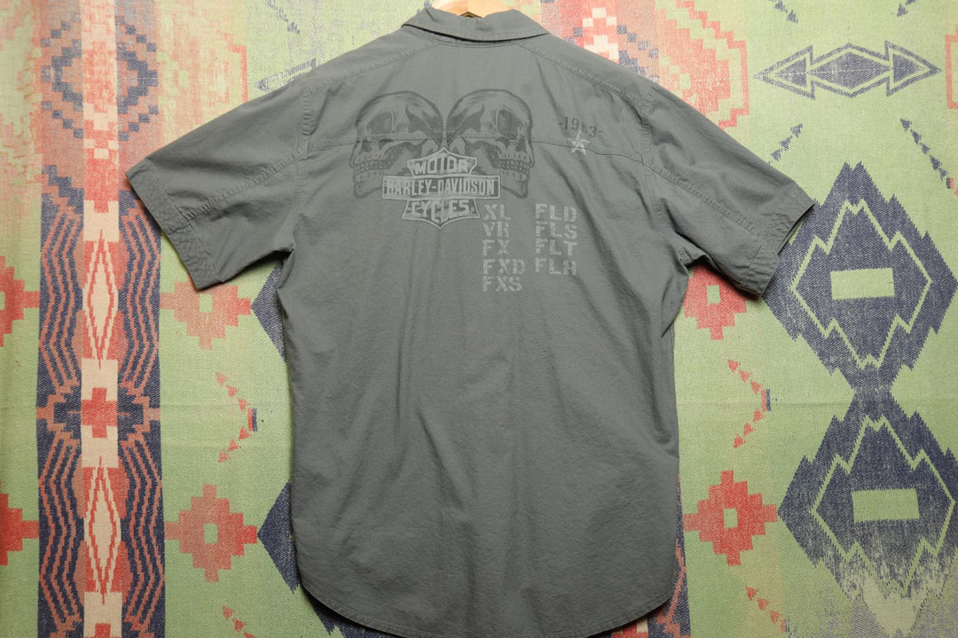 Harley Davidson Vintage Gray Knit Panel Shirt Medium 2000s Biker Skull Y2K