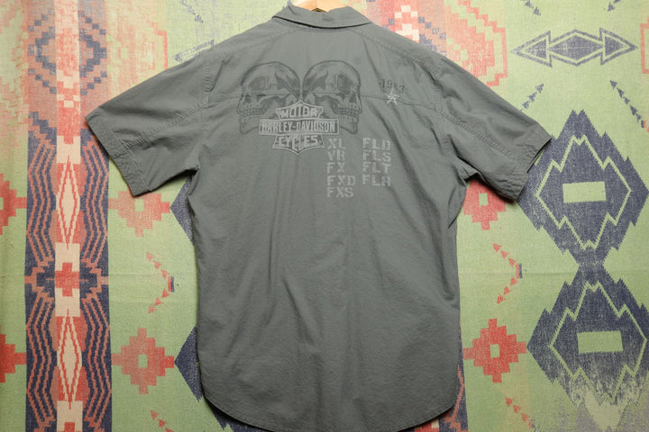 Harley Davidson Vintage Gray Knit Panel Shirt Medium 2000s Biker Skull Y2K