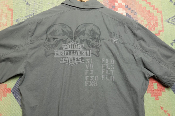 Harley Davidson Vintage Gray Knit Panel Shirt Medium 2000s Biker Skull Y2K