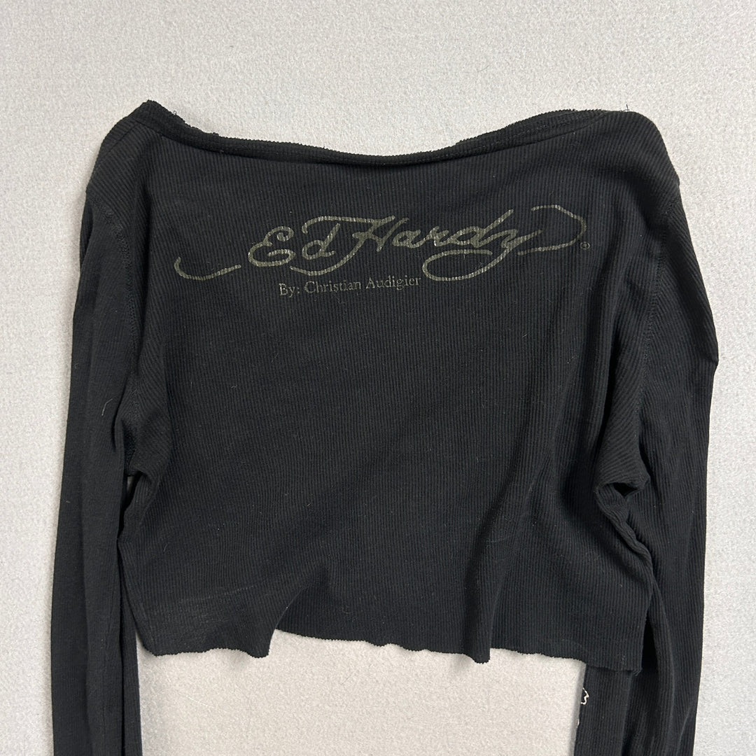 Ed Hardy V Neck Cropped T Shirt Size Large