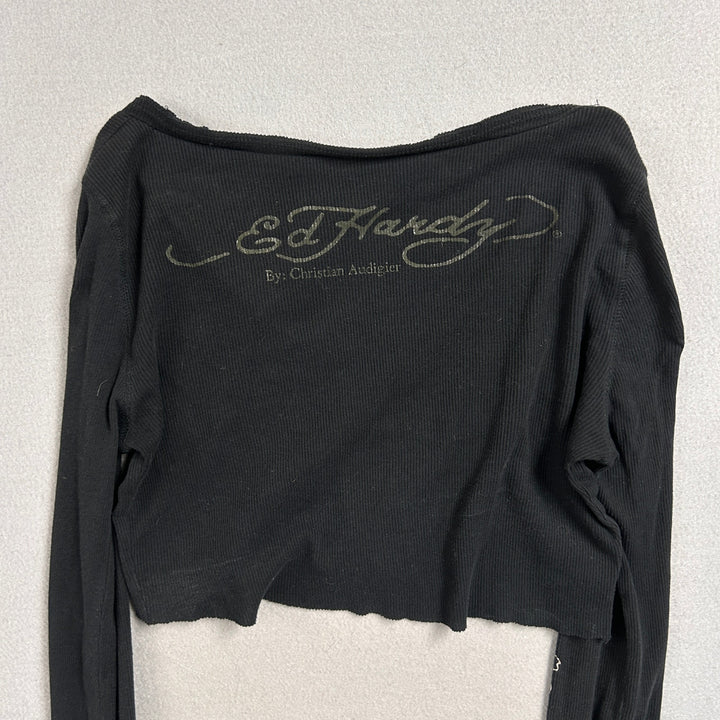 Ed Hardy V Neck Cropped T Shirt Size Large