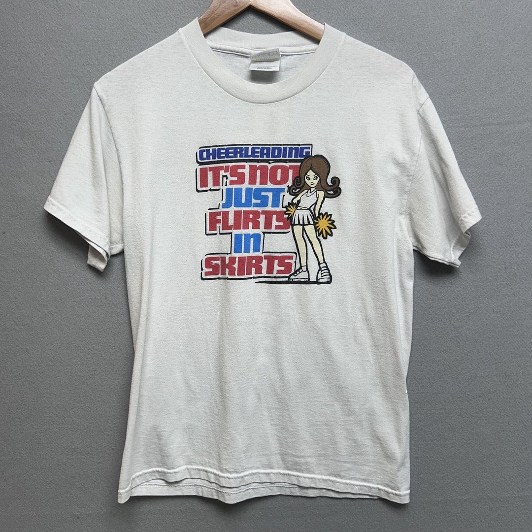 "Cheerleading It's Not Just Flirts In Skirts" Y2k White Cheer Shirt Size Small