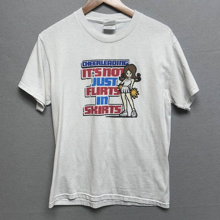 "Cheerleading It's Not Just Flirts In Skirts" Y2k White Cheer Shirt Size Small