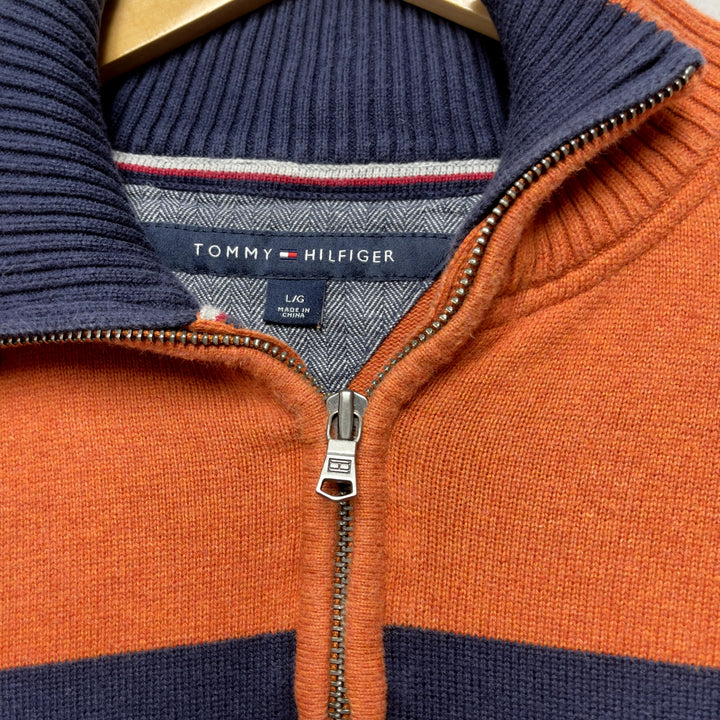 Men's Tommy Hilfiger Orange Striped 1/4 Zip Sweater Size Large