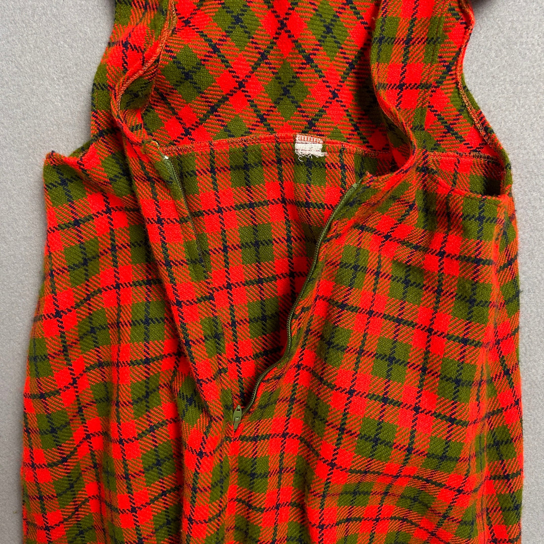 Vintage 70's Women's Orange Plaid Kitchen Dress W/ Pockets