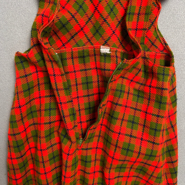 Vintage 70's Women's Orange Plaid Kitchen Dress W/ Pockets