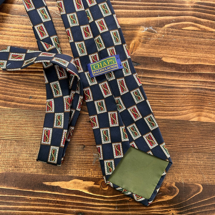 Chaps by Ralph Lauren Dark Navy Print Silk Necktie - 56 in Long