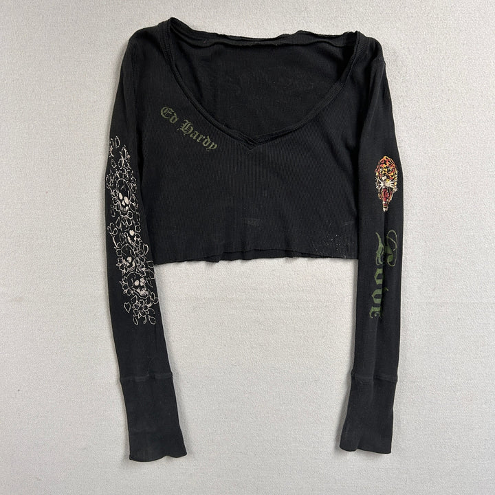 Ed Hardy V Neck Cropped T Shirt Size Large