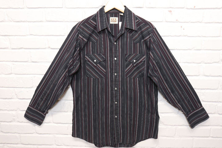 90s Vintage Ely Cattleman Black and Red Striped Button Down Shirt Size Medium