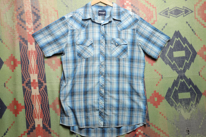 Wrangler Vintage Blue Plaid Western Pearl Snap Shirt XL 2000s Country Short