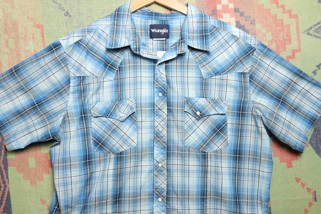 Wrangler Vintage Blue Plaid Western Pearl Snap Shirt XL 2000s Country Short