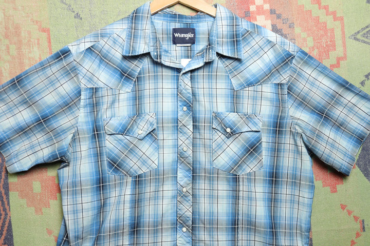 Wrangler Vintage Blue Plaid Western Pearl Snap Shirt XL 2000s Country Short