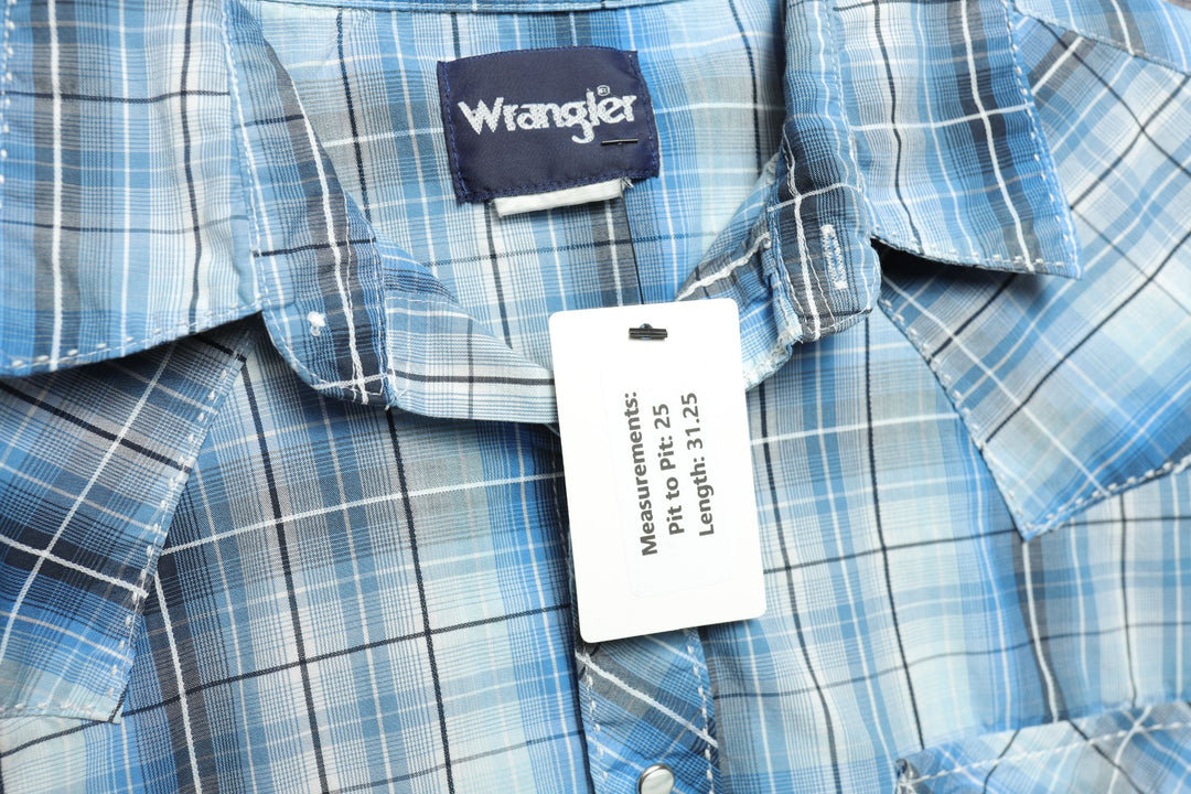 Wrangler Vintage Blue Plaid Western Pearl Snap Shirt XL 2000s Country Short