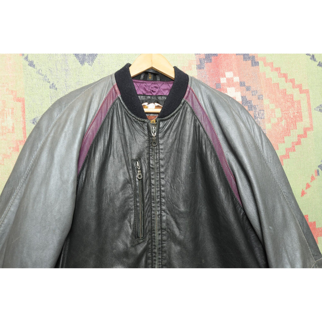 Harley Davidson Vintage Purple Leather Bomber Jacket Large 2000s  Chrome Y2K