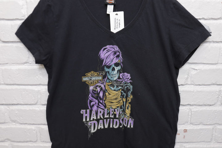 Harley Davidson Vintage Skeleton V Neck T Shirt 2000s Womens XL