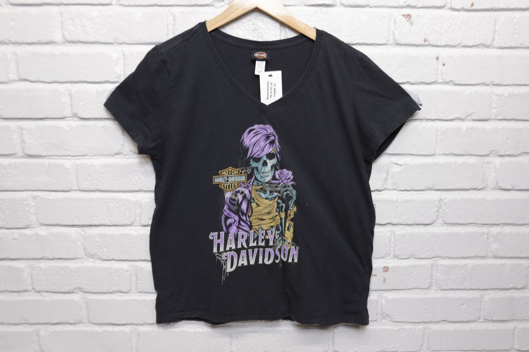 Harley Davidson Vintage Skeleton V Neck T Shirt 2000s Womens XL