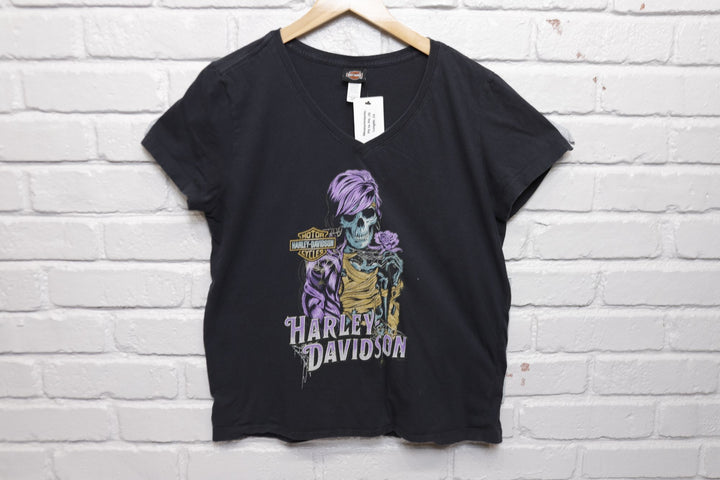 Harley Davidson Vintage Skeleton V Neck T Shirt 2000s Womens XL