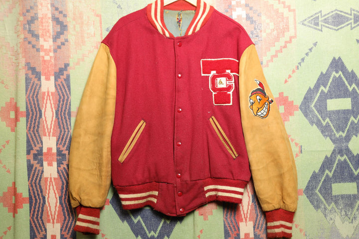 Native American Mascot Vintage Letterman Wrestling Jacket XL 60s