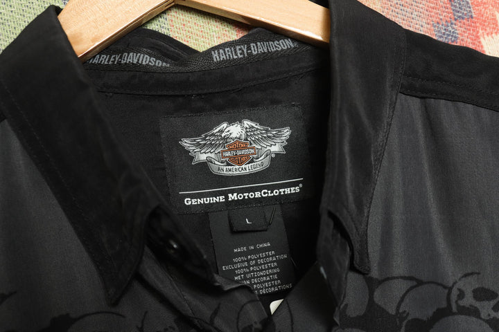 Harley Davidson Vintage  Skull Pile Shirt Large 2000s Biker Button Down