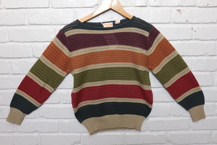 80s Vintage Country Craft Open Knit Striped Sweater Size Large