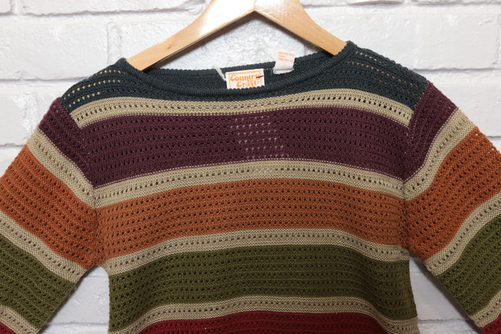 80s Vintage Country Craft Open Knit Striped Sweater Size Large