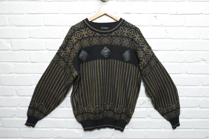 Impact Vintage Leather Patch Sweater 80s Large
