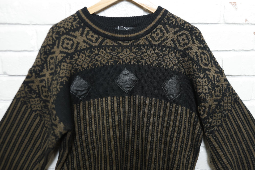 Impact Vintage Leather Patch Sweater 80s Large